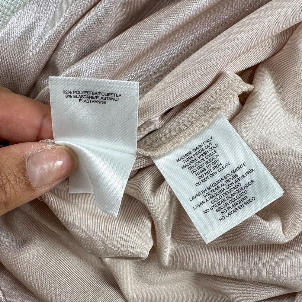 ANNE KLEIN Mock Neck Metallic Soft Pink Satin Short Sleeve Top - Picture 6 of 9